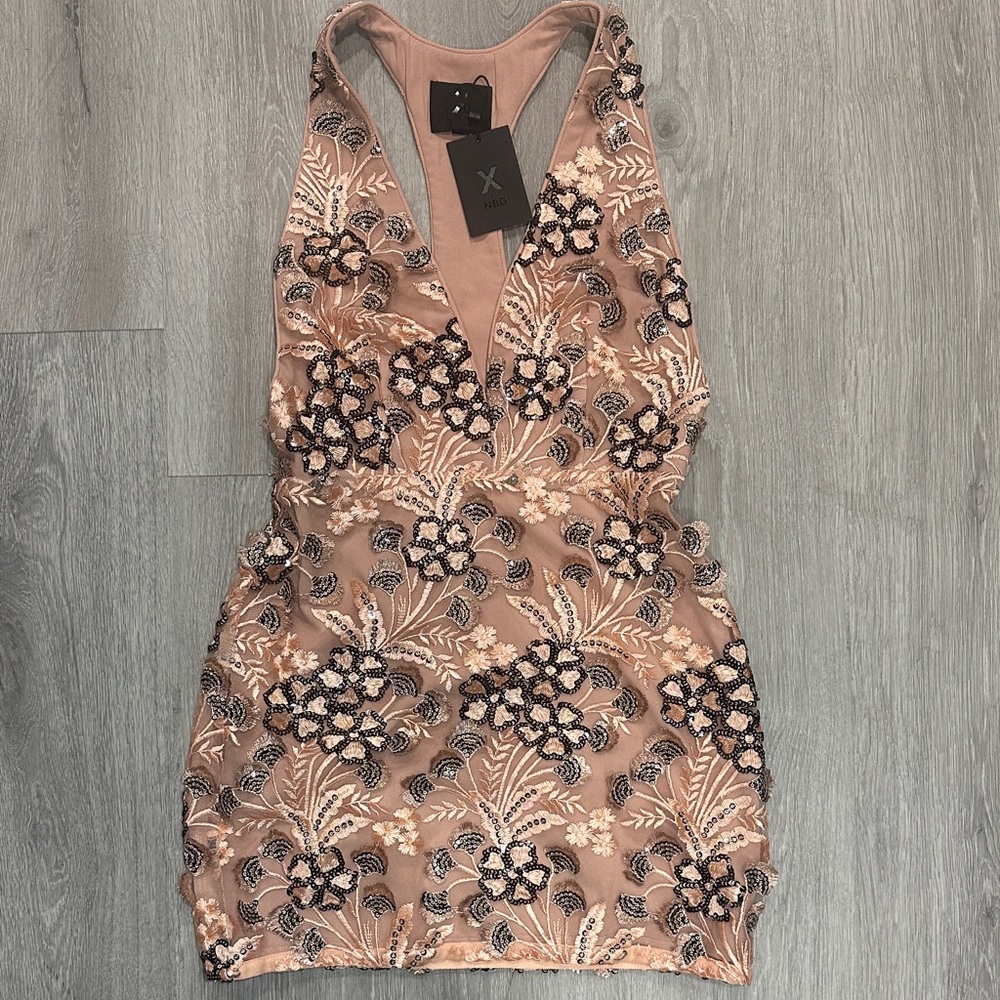 NBD Blush and Black Sequin Embroidered Racer Back Mini Dress NWT